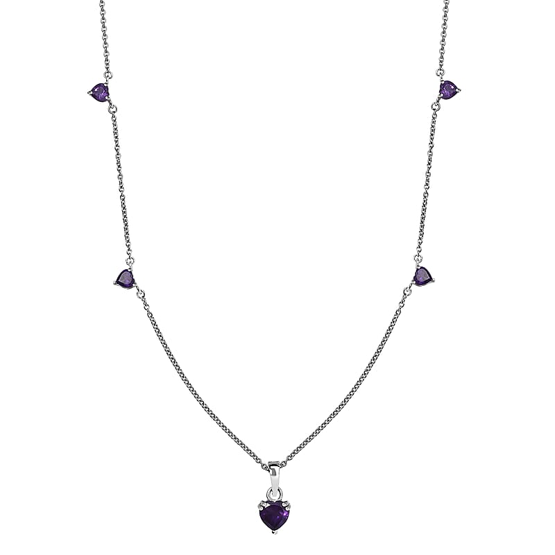 D'Joy African Amethyst 3.25 ctw Heart Necklace in Rhodium Over Sterling Silver 18 Inches