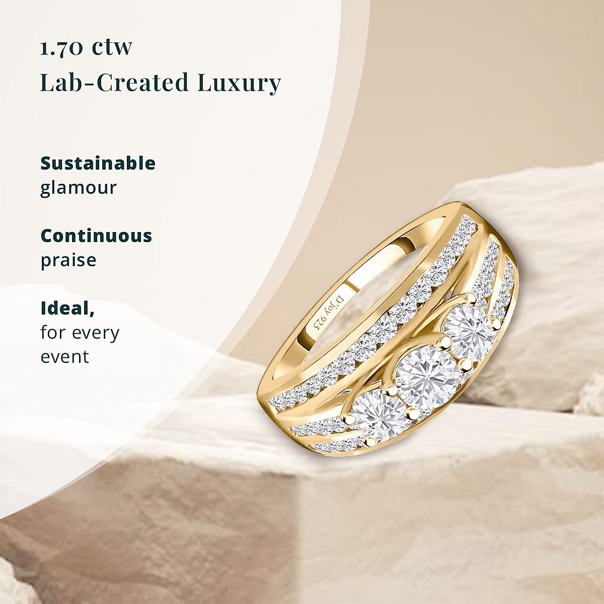 Luxuriant Lab Grown Diamond G-H I1 1.70 ctw Trinity Radiance Ring in 18K Vermeil Yellow Gold Over Sterling Silver (Size 10.0)  image number 2