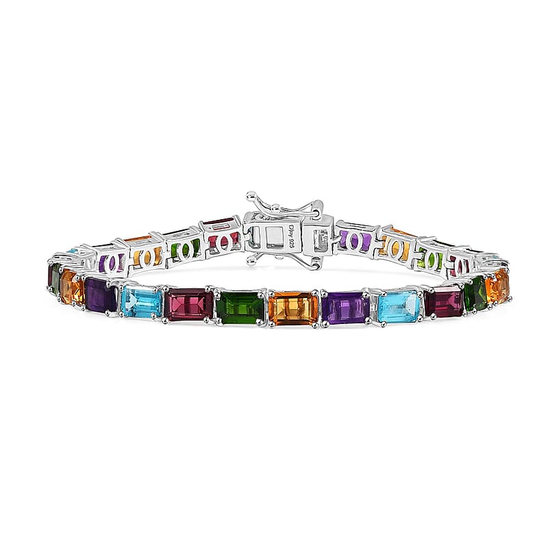 D'Joy Multi Gemstone 16.30 ctw Rainbow Bracelet in Rhodium Over Sterling Silver (6.50 In)
