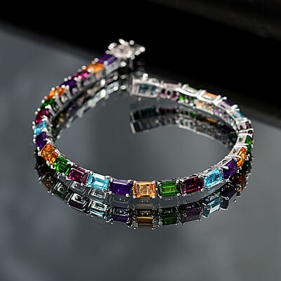 D'Joy Multi Gemstone 16.30 ctw Rainbow Bracelet in Rhodium Over Sterling Silver (6.50 In)