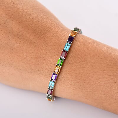 D'Joy Multi Gemstone 16.30 ctw Rainbow Bracelet in Rhodium Over Sterling Silver (6.50 In)