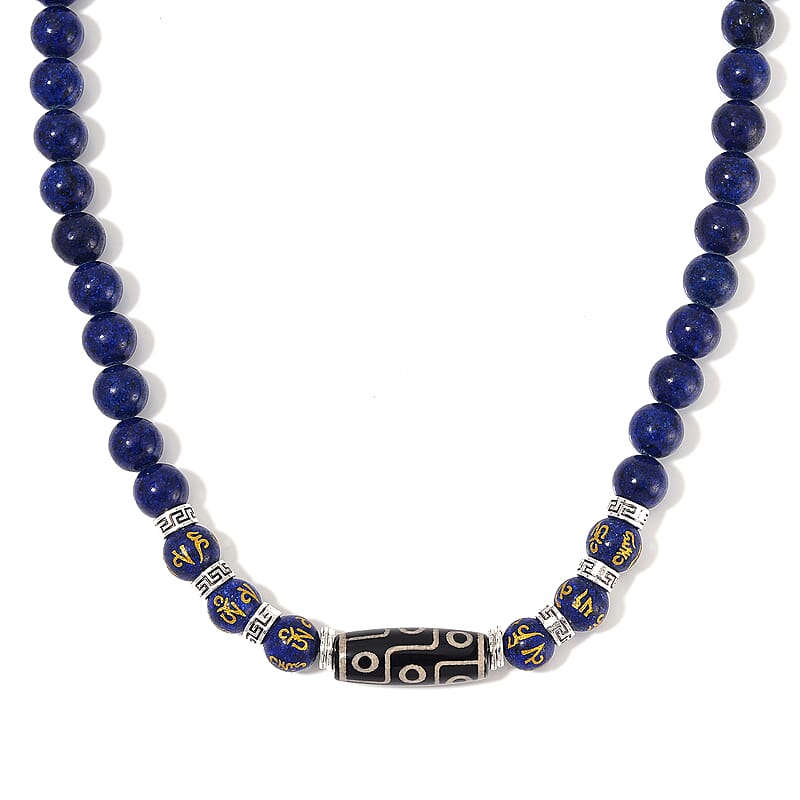 Nine Eyed Agate Dzi Beads and Lapis Lazuli 305 ctw Necklace 18-20 Inches in Silvertone