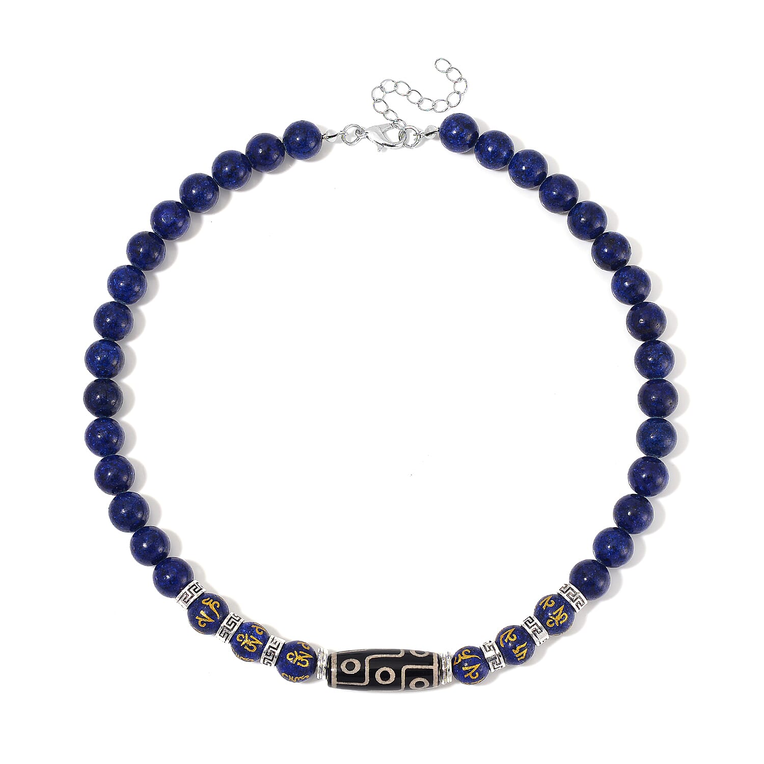Nine Eyed Agate Dzi Beads and Lapis Lazuli 305 ctw Necklace 18-20 Inches in Silvertone