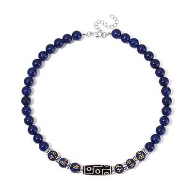Nine Eyed Agate Dzi Beads and Lapis Lazuli 305 ctw Necklace 18-20 Inches in Silvertone