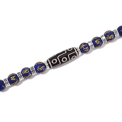 Nine Eyed Agate Dzi Beads and Lapis Lazuli 305 ctw Necklace 18-20 Inches in Silvertone