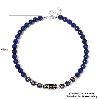 Nine Eyed Agate Dzi Beads and Lapis Lazuli 305 ctw Necklace 18-20 Inches in Silvertone