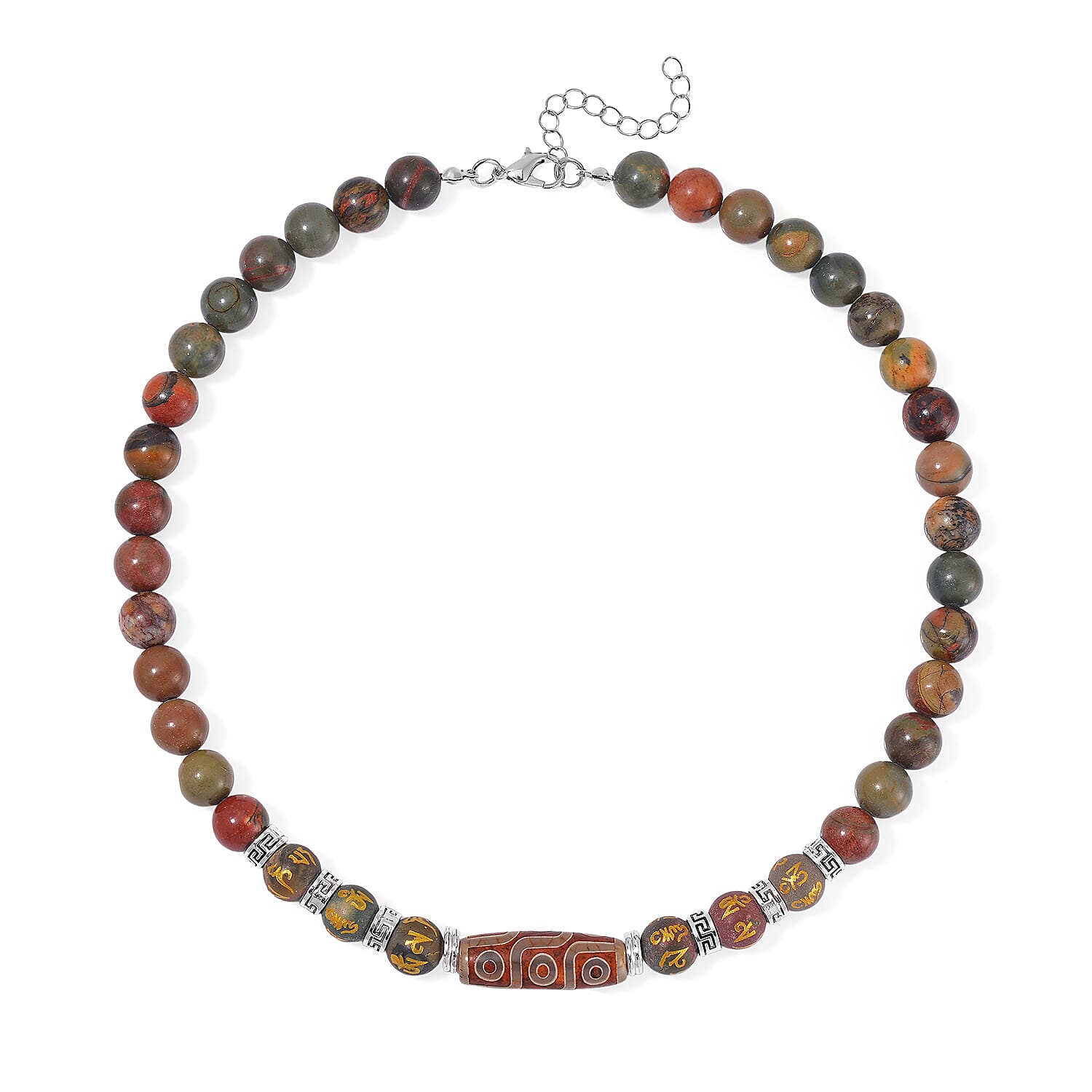 Nine Eyed Agate Dzi Beads and Picasso Jasper 305 ctw Necklace 18-20 Inches in Silvertone