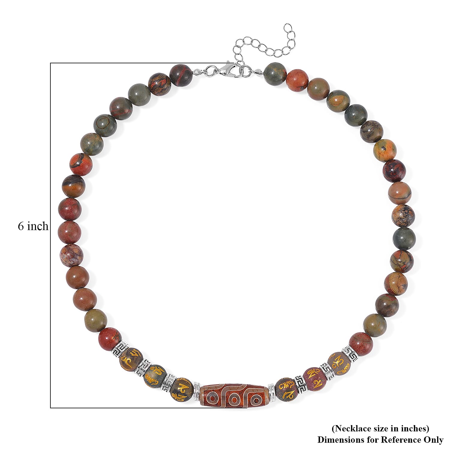 Nine Eyed Agate Dzi Beads and Picasso Jasper 305 ctw Necklace 18-20 Inches in Silvertone