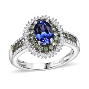 D'Joy AAA Tanzanite, Tsavorite Garnet and Diamond 1.75 ctw Celestial Glow Ring in Rhodium Over Sterling Silver (Size 10.0)