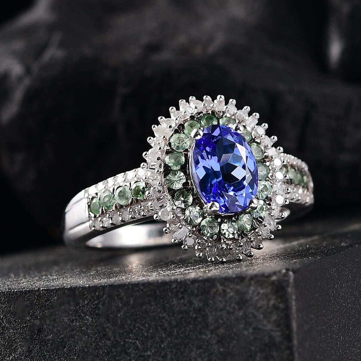 D'Joy AAA Tanzanite, Tsavorite Garnet and Diamond 1.75 ctw Celestial Glow Ring in Rhodium Over Sterling Silver (Size 10.0) image number 1