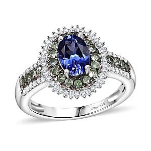 D'Joy AAA Tanzanite, Tsavorite Garnet and Diamond 1.75 ctw Celestial Glow Ring in Rhodium Over Sterling Silver (Size 9.0)