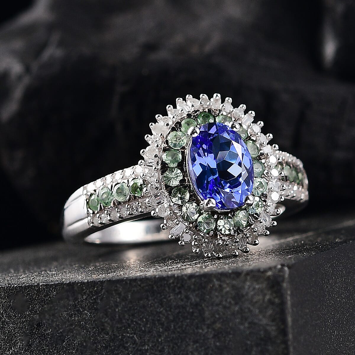 D'Joy AAA Tanzanite, Tsavorite Garnet and Diamond 1.75 ctw Celestial Glow Ring in Rhodium Over Sterling Silver (Size 9.0) image number 1