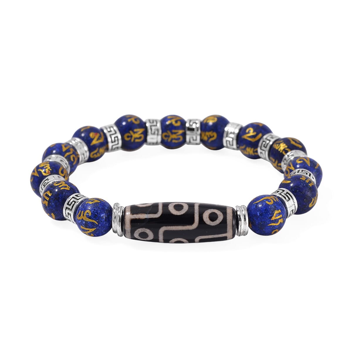 Nine Eyed Agate Dzi Beads and Lapis Lazuli 135 ctw Feng Shui Beaded Stretch Bracelet in Silvertone image number 0