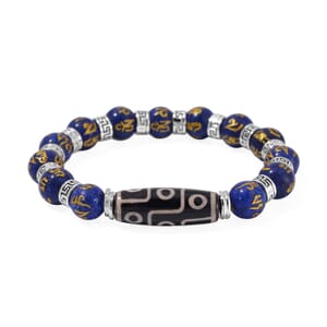 Agate and Lapis Lazuli 135 ctw Feng Shui Beaded Stretch Bracelet in Silvertone