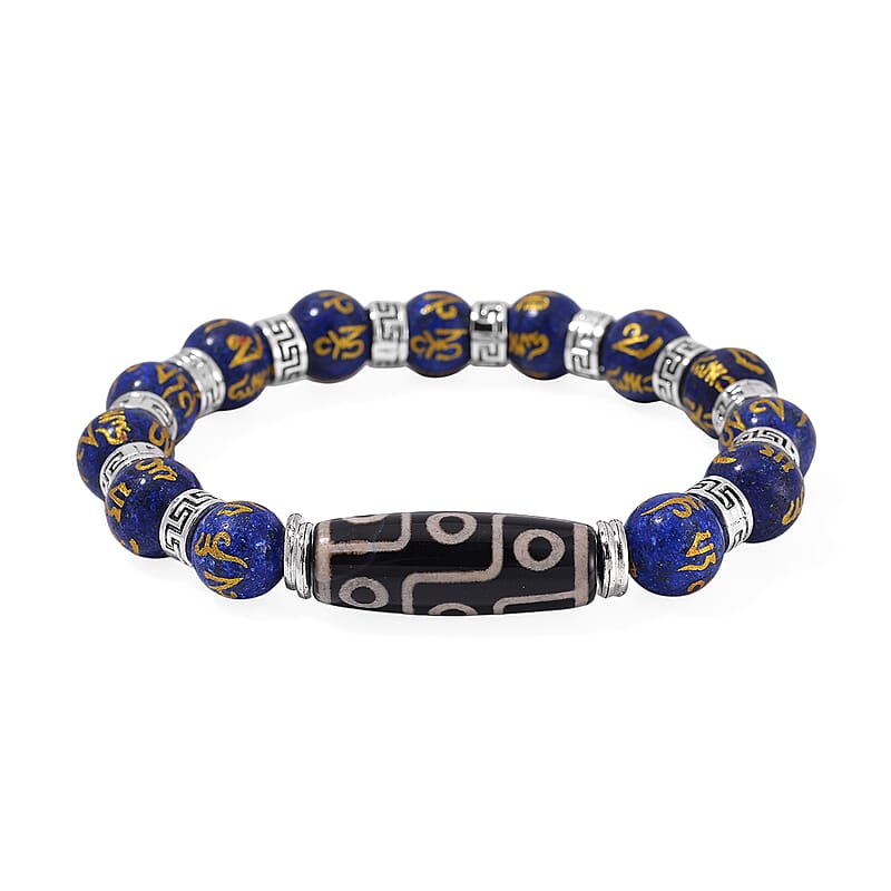 Nine Eyed Agate Dzi Beads and Lapis Lazuli 135 ctw Feng Shui Beaded Stretch Bracelet in Silvertone