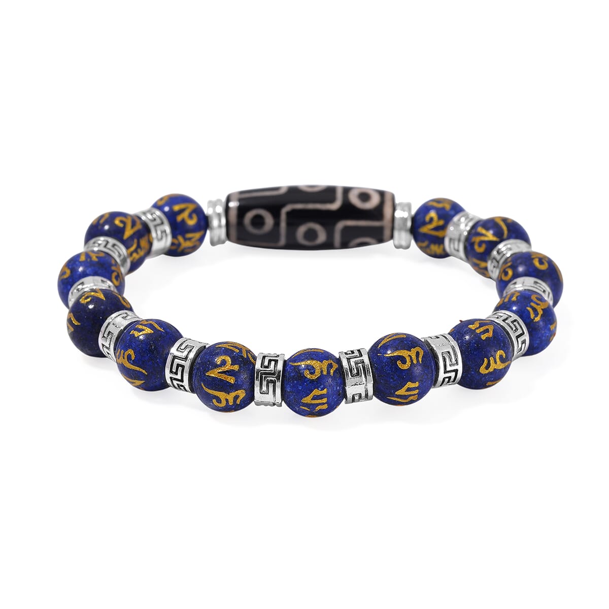 Nine Eyed Agate Dzi Beads and Lapis Lazuli 135 ctw Feng Shui Beaded Stretch Bracelet in Silvertone image number 2