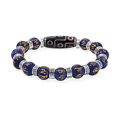 Nine Eyed Agate Dzi Beads and Lapis Lazuli 135 ctw Feng Shui Beaded Stretch Bracelet in Silvertone