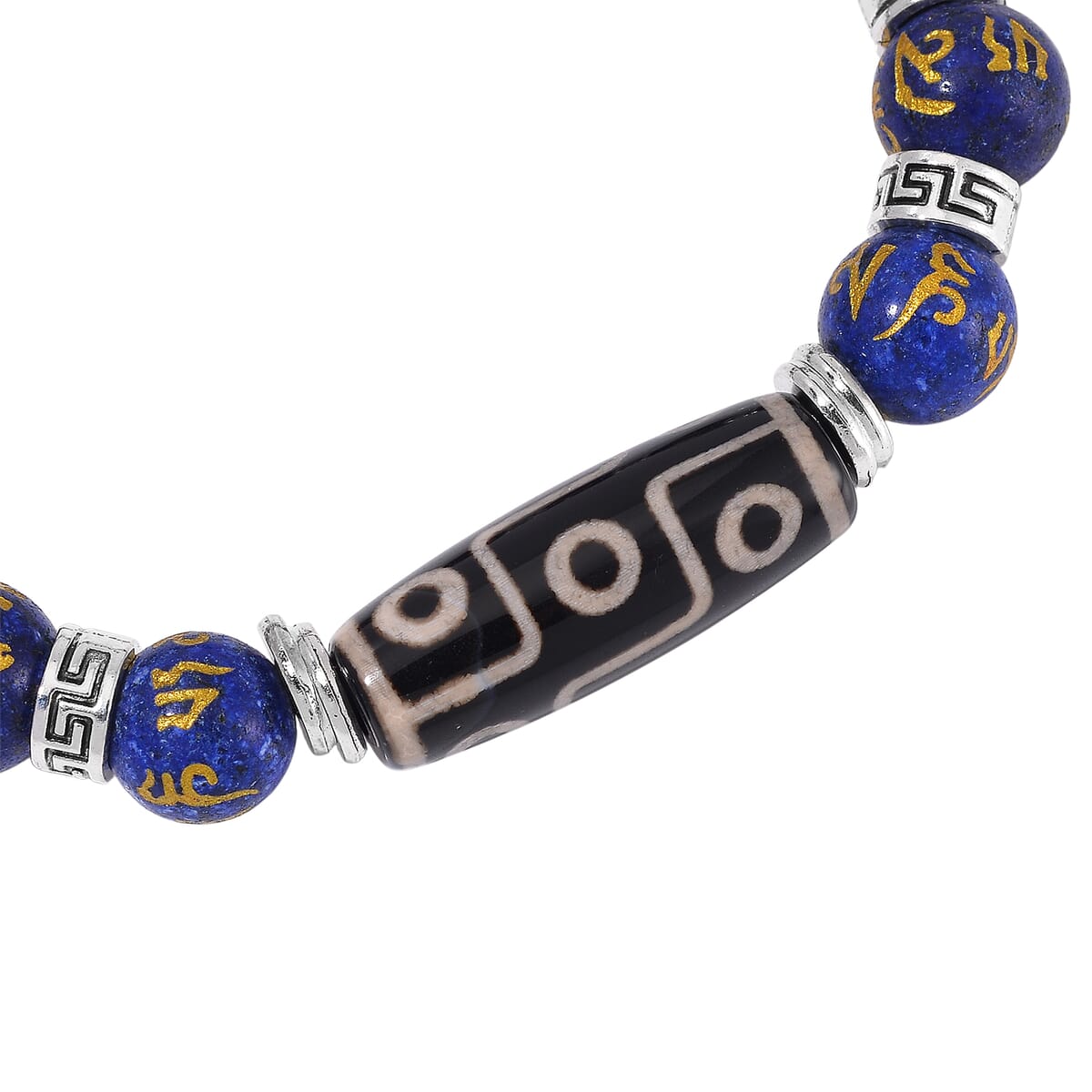 Nine Eyed Agate Dzi Beads and Lapis Lazuli 135 ctw Feng Shui Beaded Stretch Bracelet in Silvertone image number 3