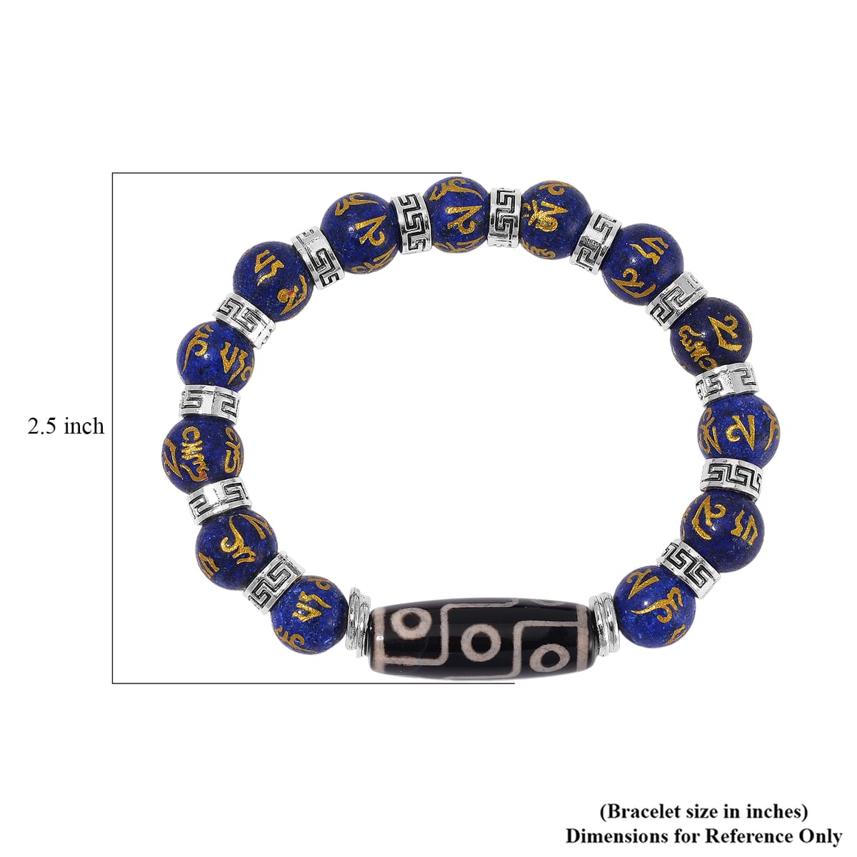 Nine Eyed Agate Dzi Beads and Lapis Lazuli 135 ctw Feng Shui Beaded Stretch Bracelet in Silvertone image number 4