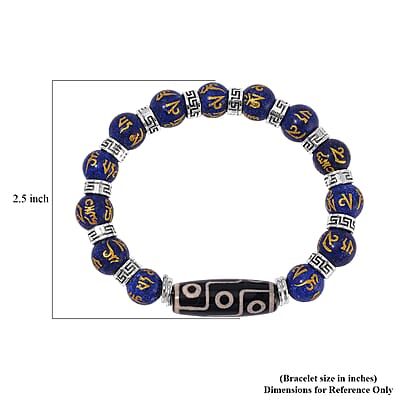 Nine Eyed Agate Dzi Beads and Lapis Lazuli 135 ctw Feng Shui Beaded Stretch Bracelet in Silvertone