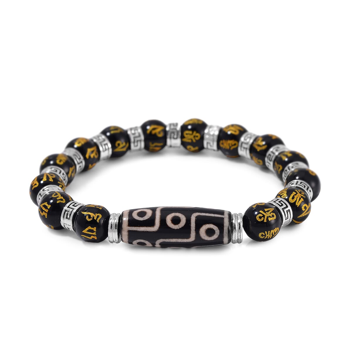 Agate and Black Obsidian 135 ctw Feng Shui Beaded Stretch Bracelet in Silvertone image number 0