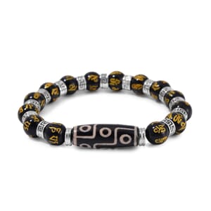 Agate and Black Obsidian 135 ctw Feng Shui Beaded Stretch Bracelet in Silvertone