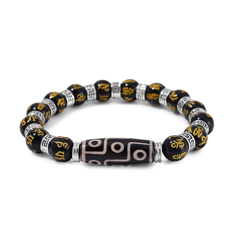 Nine Eyed Agate Dzi Beads and Black Obsidian 135 ctw Feng Shui Beaded Stretch Bracelet in Silvertone