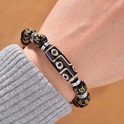 Nine Eyed Agate Dzi Beads and Black Obsidian 135 ctw Feng Shui Beaded Stretch Bracelet in Silvertone