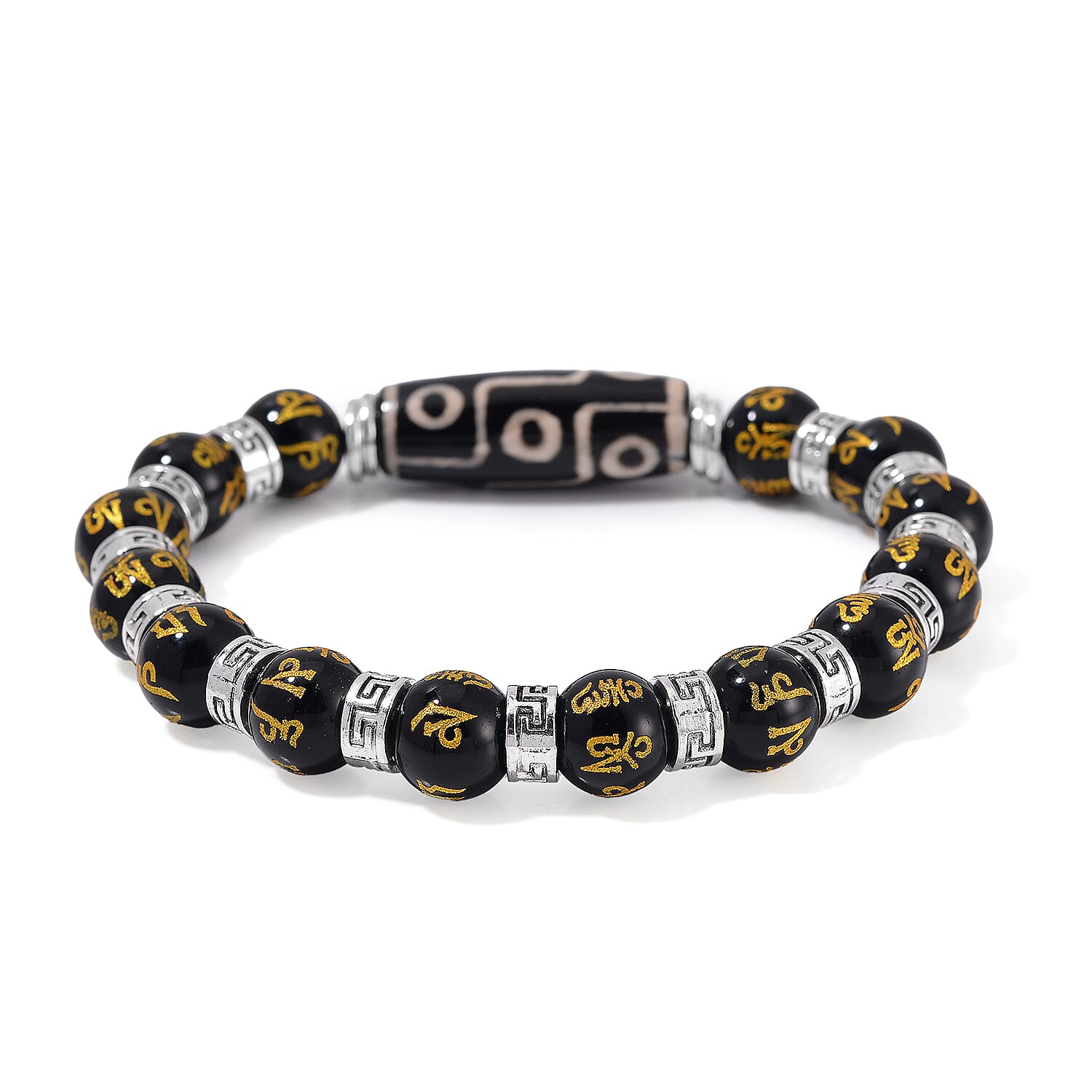 Nine Eyed Agate Dzi Beads and Black Obsidian 135 ctw Feng Shui Beaded Stretch Bracelet in Silvertone