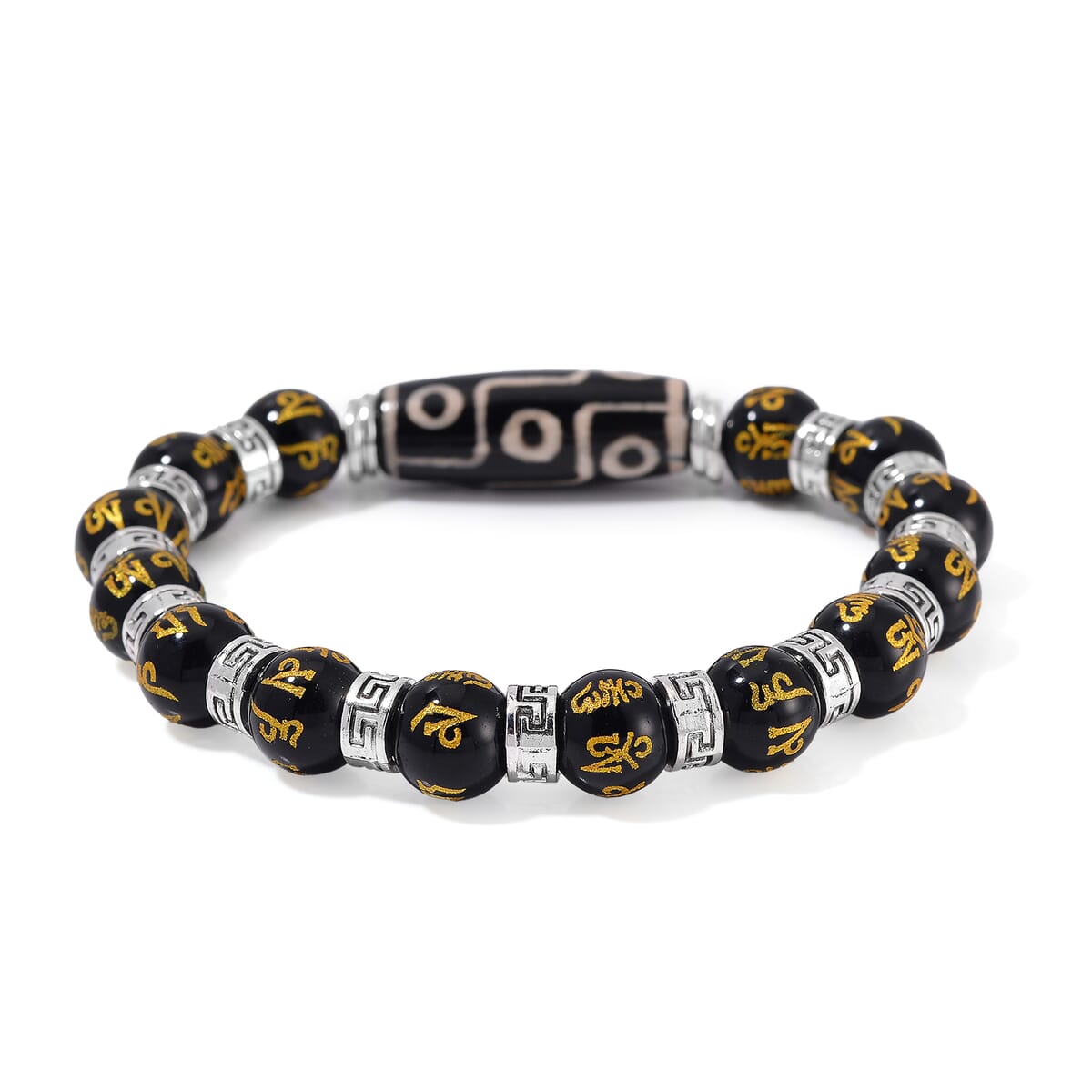 Agate and Black Obsidian 135 ctw Feng Shui Beaded Stretch Bracelet in Silvertone image number 2