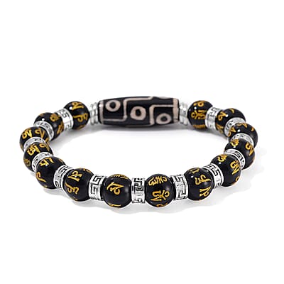 Nine Eyed Agate Dzi Beads and Black Obsidian 135 ctw Feng Shui Beaded Stretch Bracelet in Silvertone