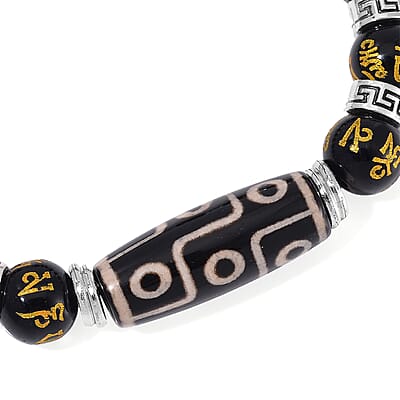 Nine Eyed Agate Dzi Beads and Black Obsidian 135 ctw Feng Shui Beaded Stretch Bracelet in Silvertone
