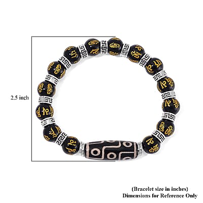 Nine Eyed Agate Dzi Beads and Black Obsidian 135 ctw Feng Shui Beaded Stretch Bracelet in Silvertone