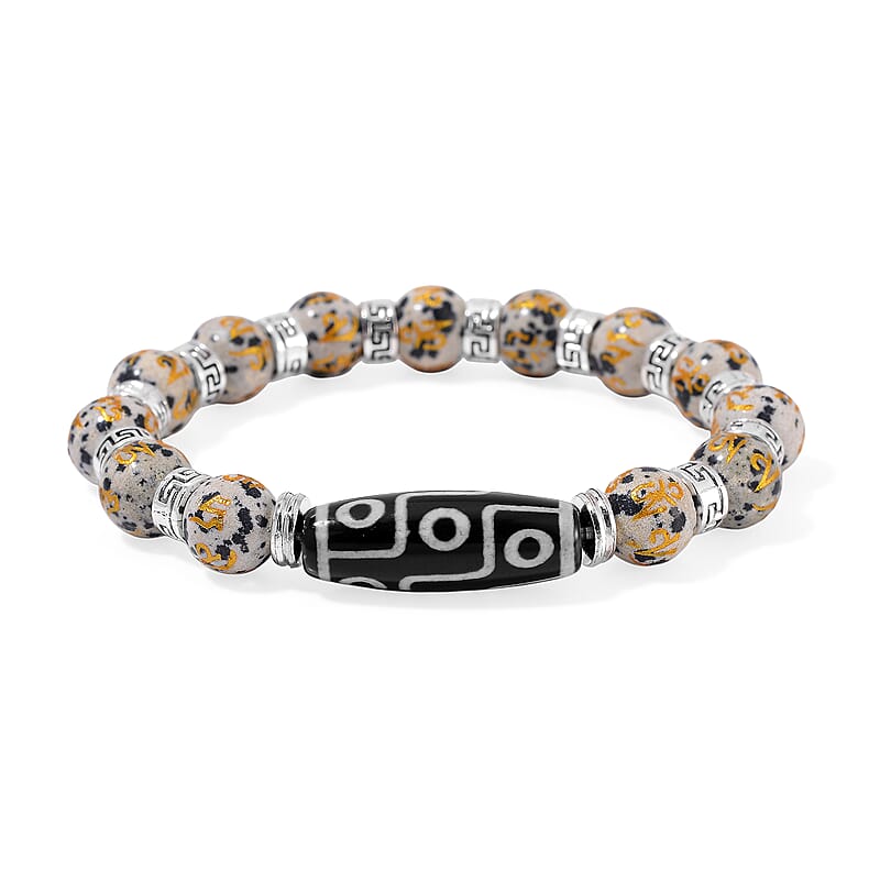 Nine Eyed Agate Dzi Beads and Dalmation Jasper 135 ctw Feng Shui Beaded Stretch Bracelet in Silvertone