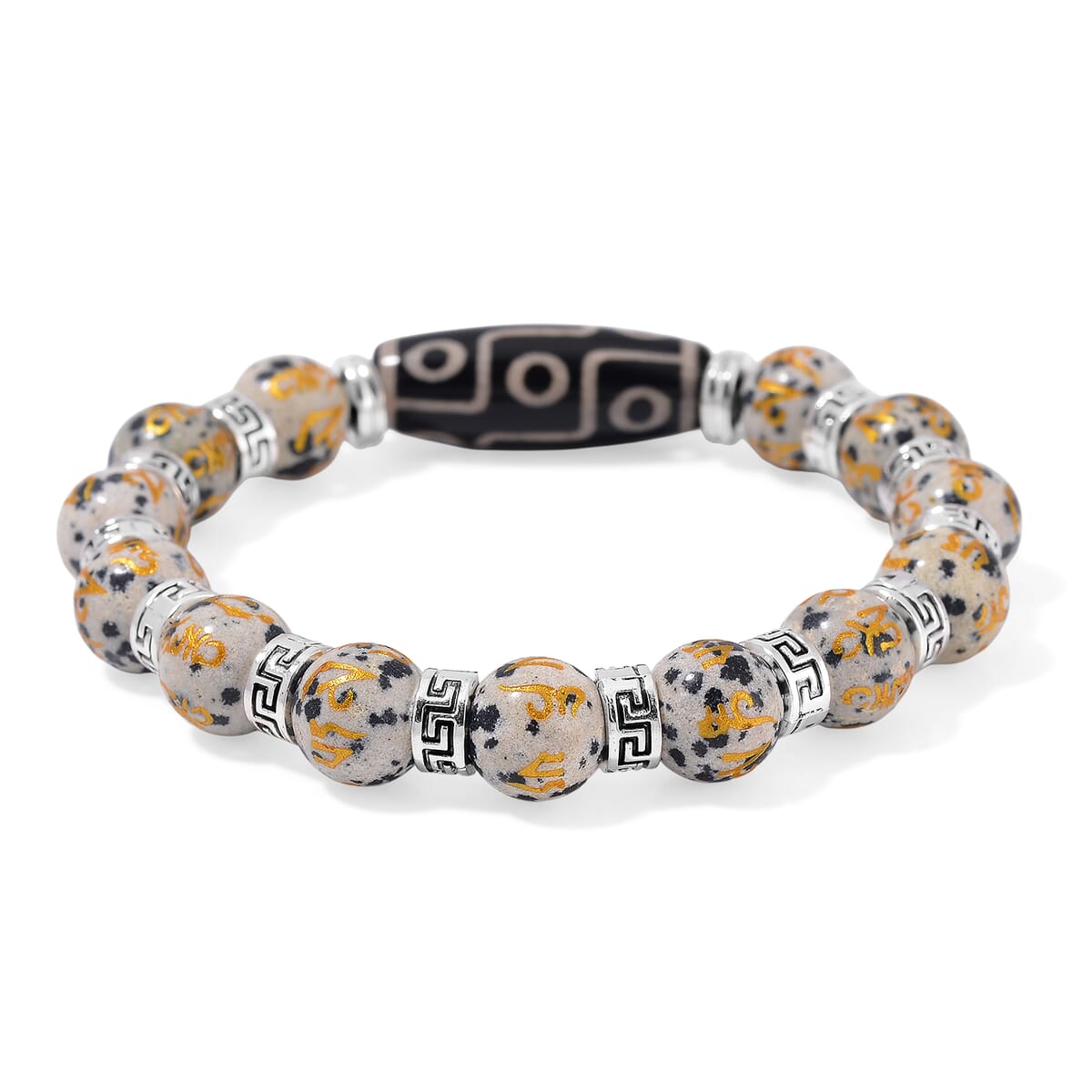 Nine Eyed Agate Dzi Beads and Dalmation Jasper 135 ctw Feng Shui Beaded Stretch Bracelet in Silvertone image number 2