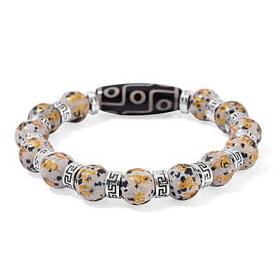 Nine Eyed Agate Dzi Beads and Dalmation Jasper 135 ctw Feng Shui Beaded Stretch Bracelet in Silvertone