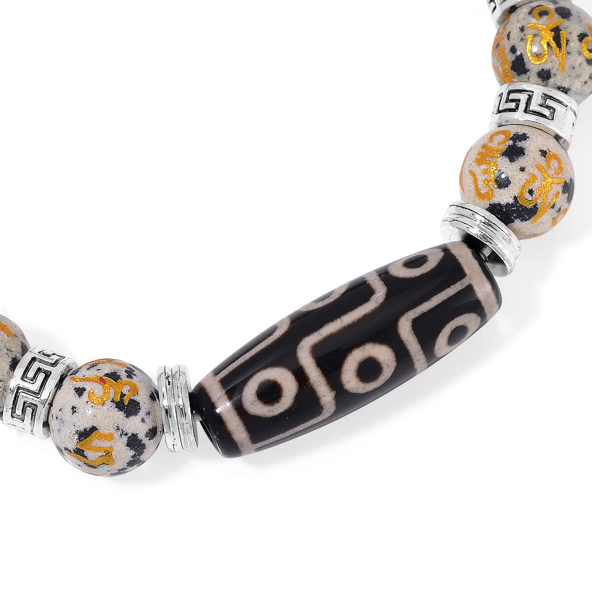 Nine Eyed Agate Dzi Beads and Dalmation Jasper 135 ctw Feng Shui Beaded Stretch Bracelet in Silvertone image number 3