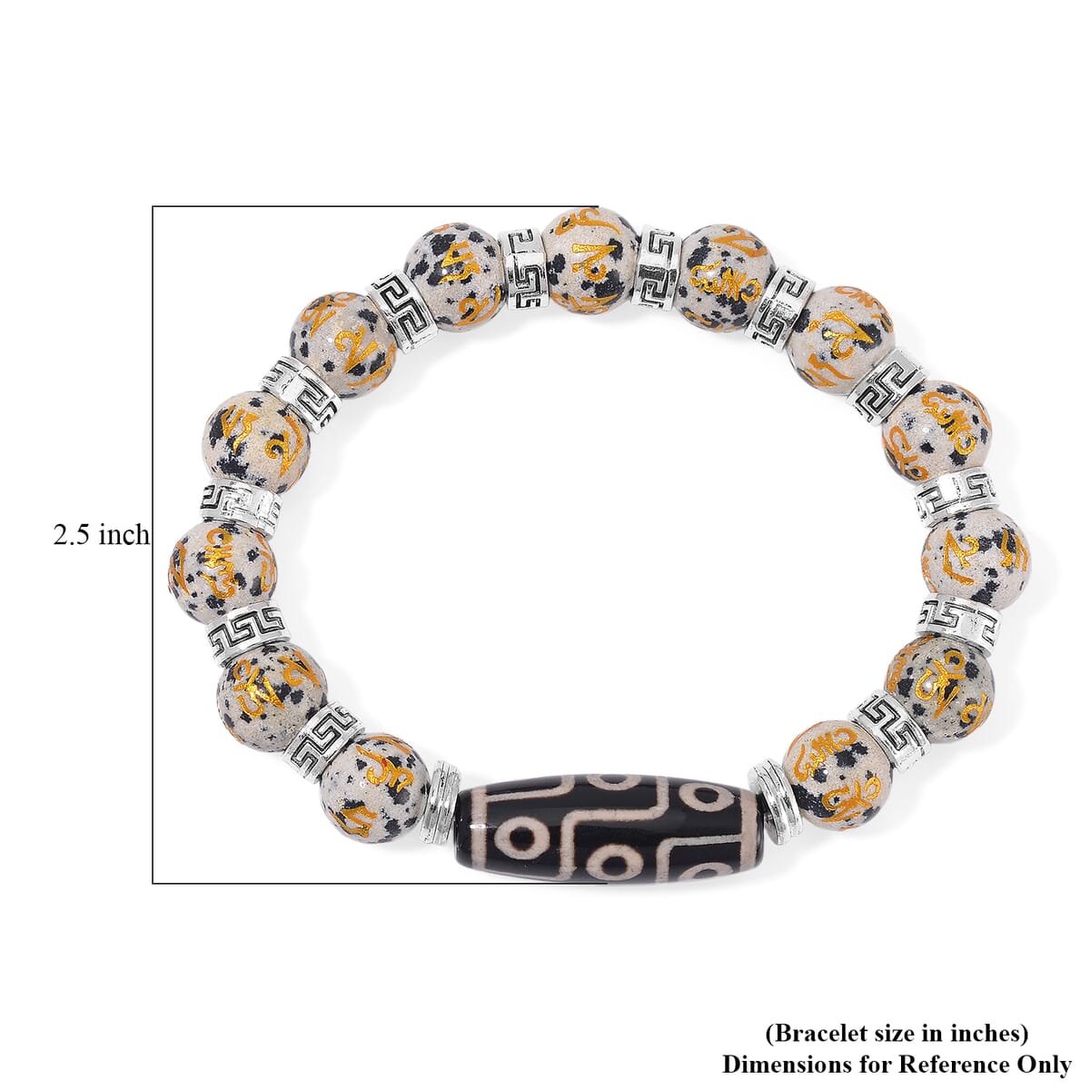 Nine Eyed Agate Dzi Beads and Dalmation Jasper 135 ctw Feng Shui Beaded Stretch Bracelet in Silvertone image number 4