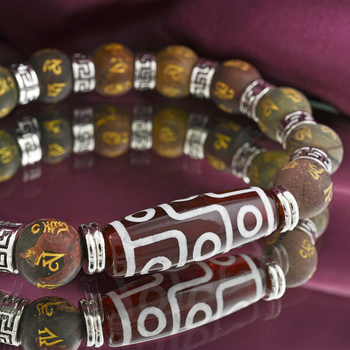 Nine Eyed Agate Dzi Beads and Picasso Jasper 135 ctw Beaded Stretch Bracelet image number 1