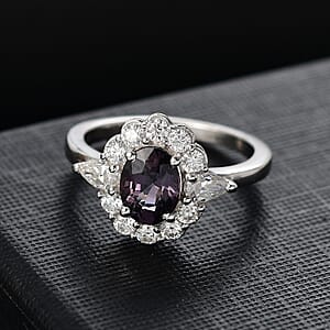 D'Joy Royal Lavender Spinel and Moissanite 2.20 ctw Floral Ring in Rhodium Over Sterling Silver (Size 10.0)
