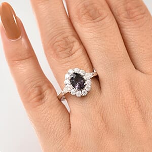D'Joy Royal Lavender Spinel and Moissanite 2.20 ctw Floral Ring in Rhodium Over Sterling Silver (Size 6.0)