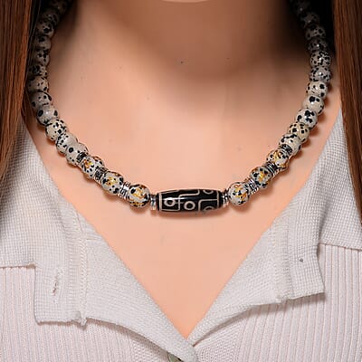 Nine Eyed Agate Dzi Beads and Dalmation Jasper 305 ctw Necklace 18-20 Inches in Silvertone