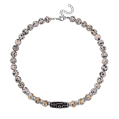 Nine Eyed Agate Dzi Beads and Dalmation Jasper 305 ctw Necklace 18-20 Inches in Silvertone