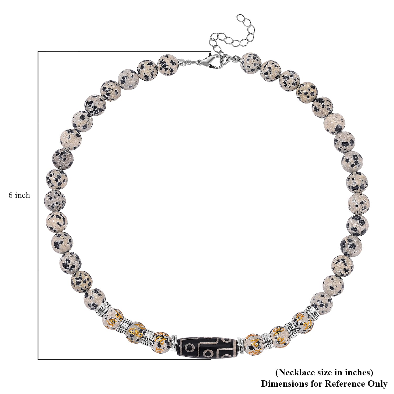 Nine Eyed Agate Dzi Beads and Dalmation Jasper 305 ctw Necklace 18-20 Inches in Silvertone