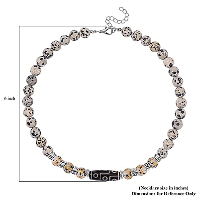 Nine Eyed Agate Dzi Beads and Dalmation Jasper 305 ctw Necklace 18-20 Inches in Silvertone