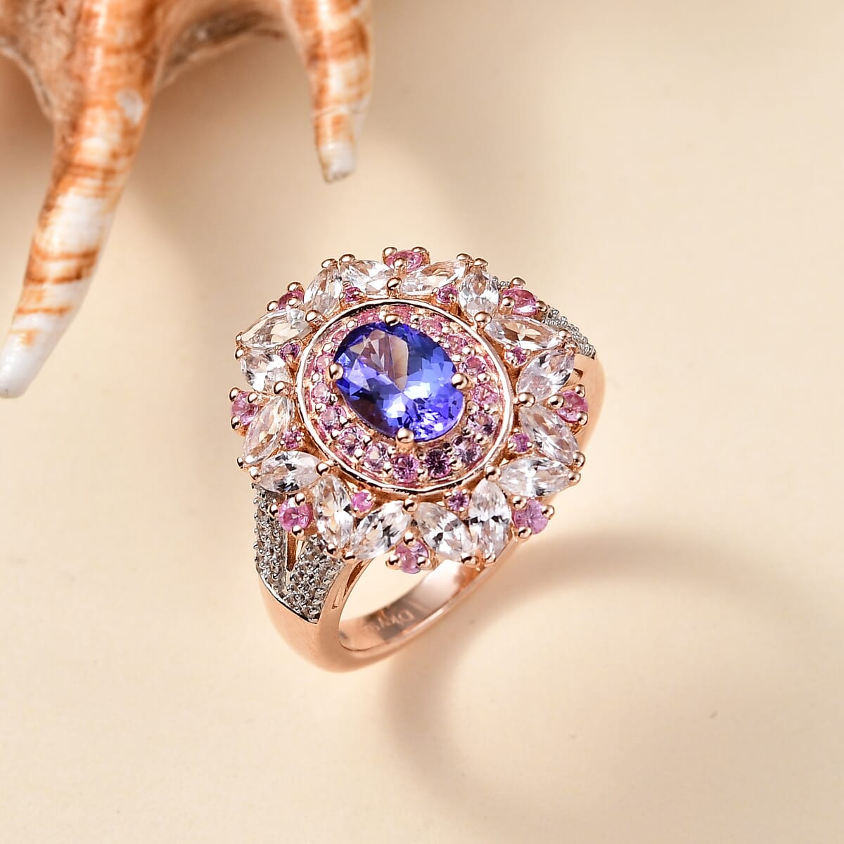 D'Joy AAA Tanzanite and Multi Gemstone 3.50 ctw Cosmic Beauty Ring in 18K Vermeil Rose Gold Over Sterling Silver (Size 7.0) image number 1