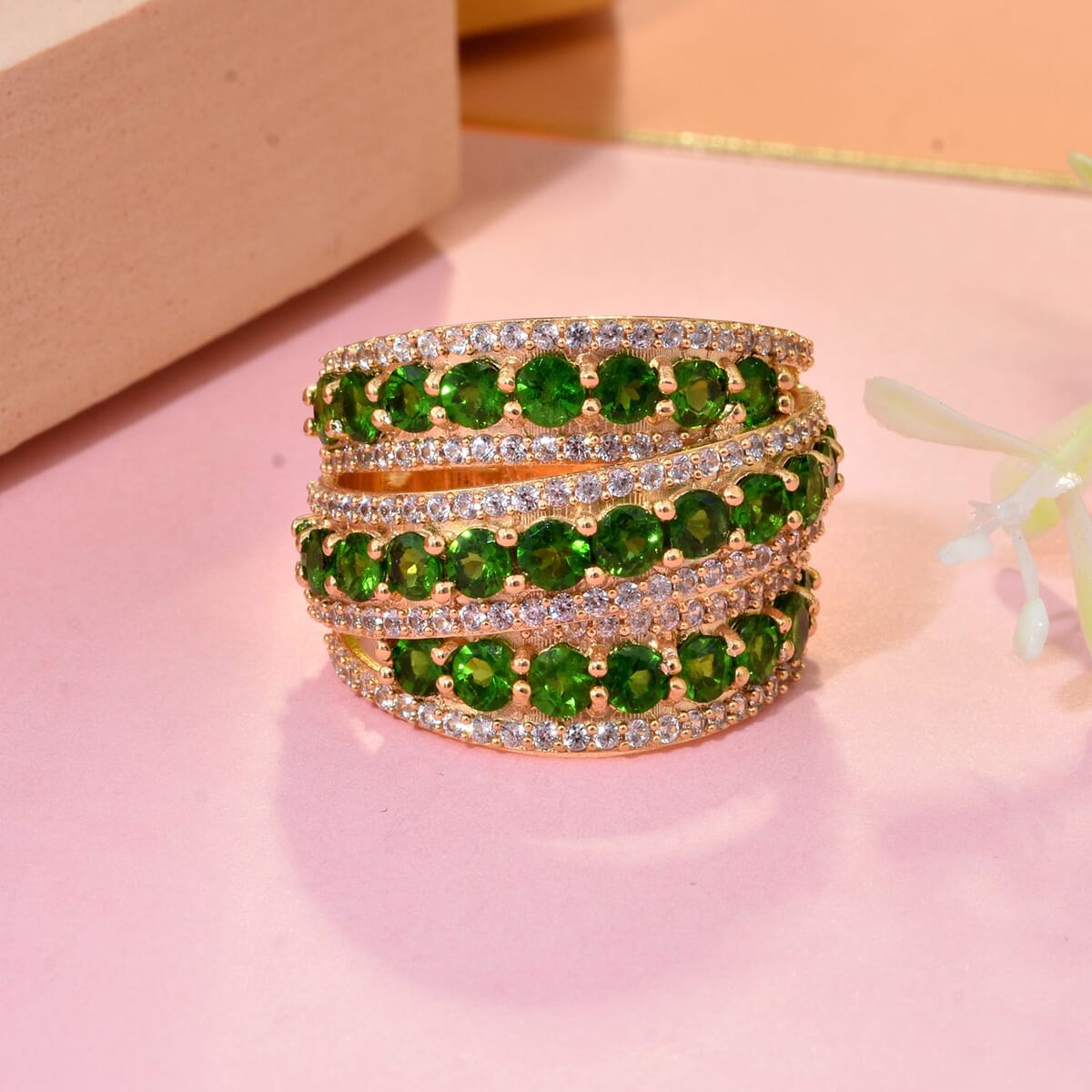 Chrome Diopside and White Zircon 6.60 ctw Ring in 18K Vermeil Yellow Gold Over Sterling Silver image number 1