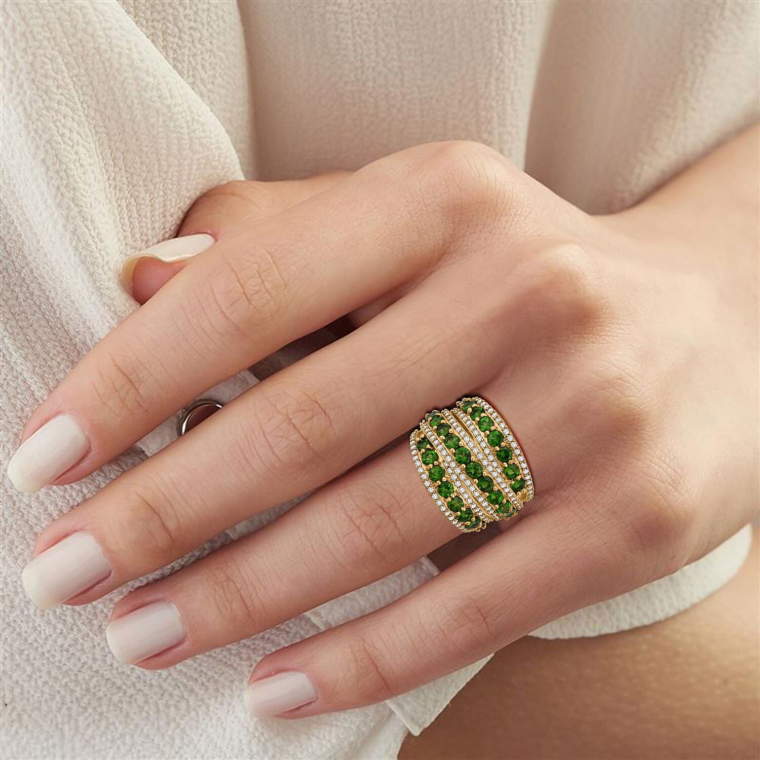 D'Joy Chrome Diopside and White Zircon 6.60 ctw Crossover Bridge Ring in 18K Vermeil Yellow Gold Over Sterling Silver (Size 10.0)