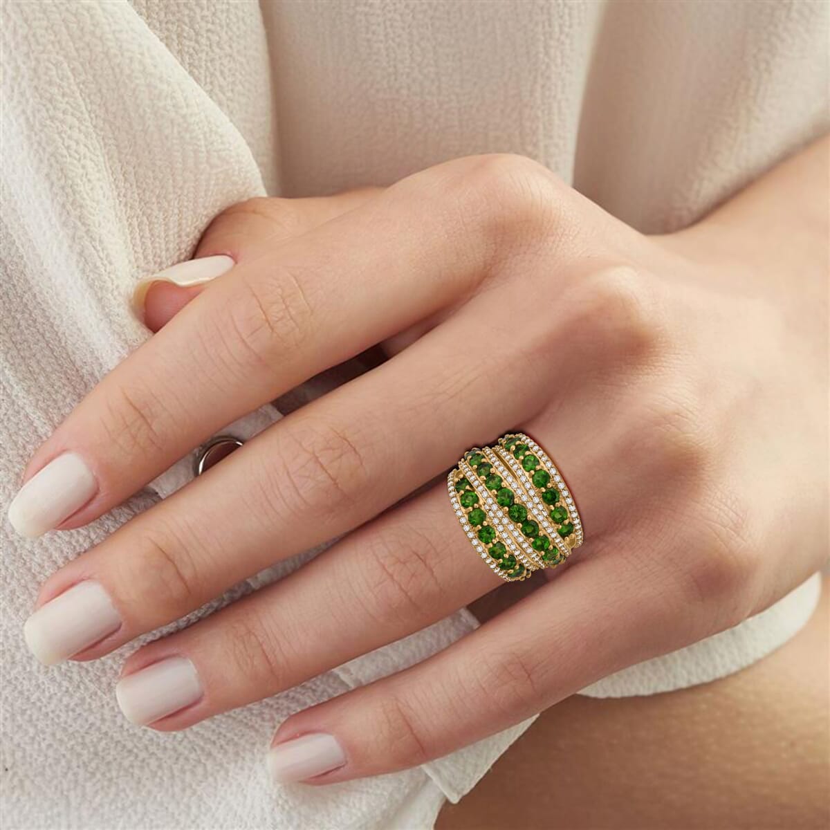 Chrome Diopside and White Zircon 6.60 ctw Ring in 18K Vermeil Yellow Gold Over Sterling Silver image number 2