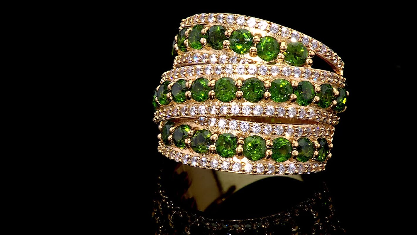 Chrome Diopside and White Zircon 6.60 ctw Ring in 18K Vermeil Yellow Gold Over Sterling Silver